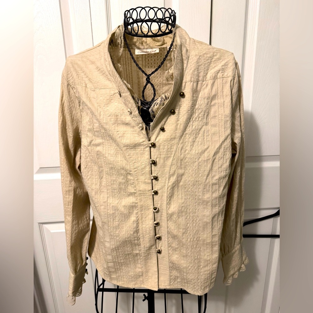 Coldwater Creek PXL Beige Button-Up Blouse with lace